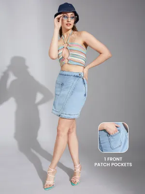Women's Light Blue Regular High-Rise Clean-Look Above Knee Stretchable Denim Skirt
