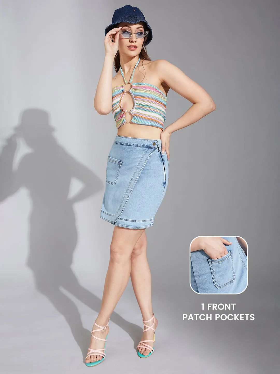 Women's Light Blue Regular High-Rise Clean-Look Above Knee Stretchable Denim Skirt