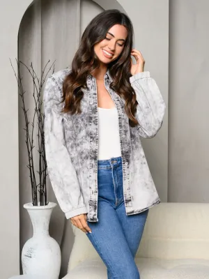 WOMEN'S LONG SLEEVE ACID WASHED BUTTON DOWN DENIM JACKET