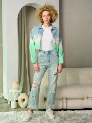 WOMEN'S LONG SLEEVE BUTTON CLOSURE COLORBLOCK DENIM CROP JACKET