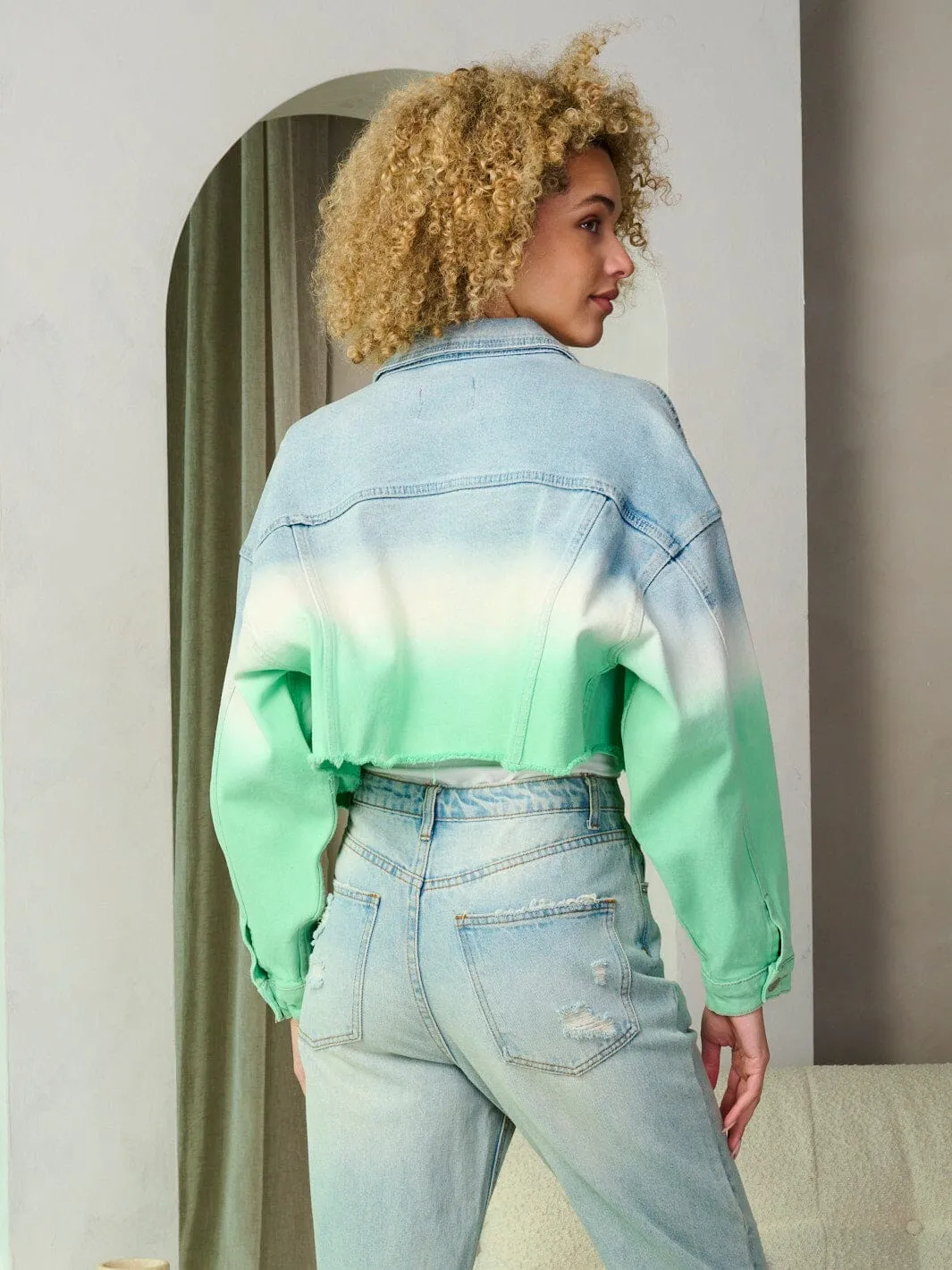 WOMEN'S LONG SLEEVE BUTTON CLOSURE COLORBLOCK DENIM CROP JACKET