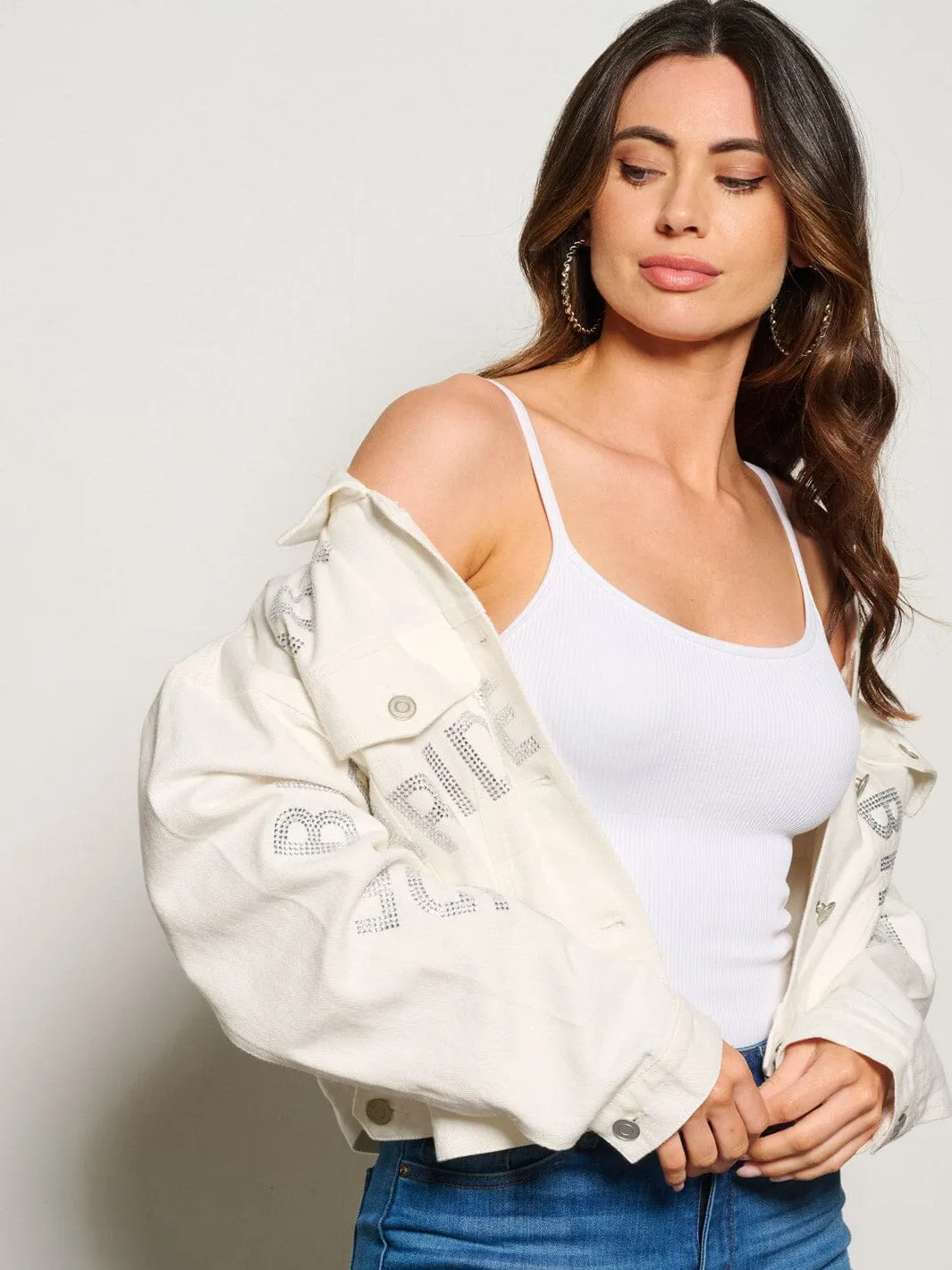WOMEN'S LONG SLEEVE BUTTON CLOSURE STUDS BRIDE DENIM JACKET