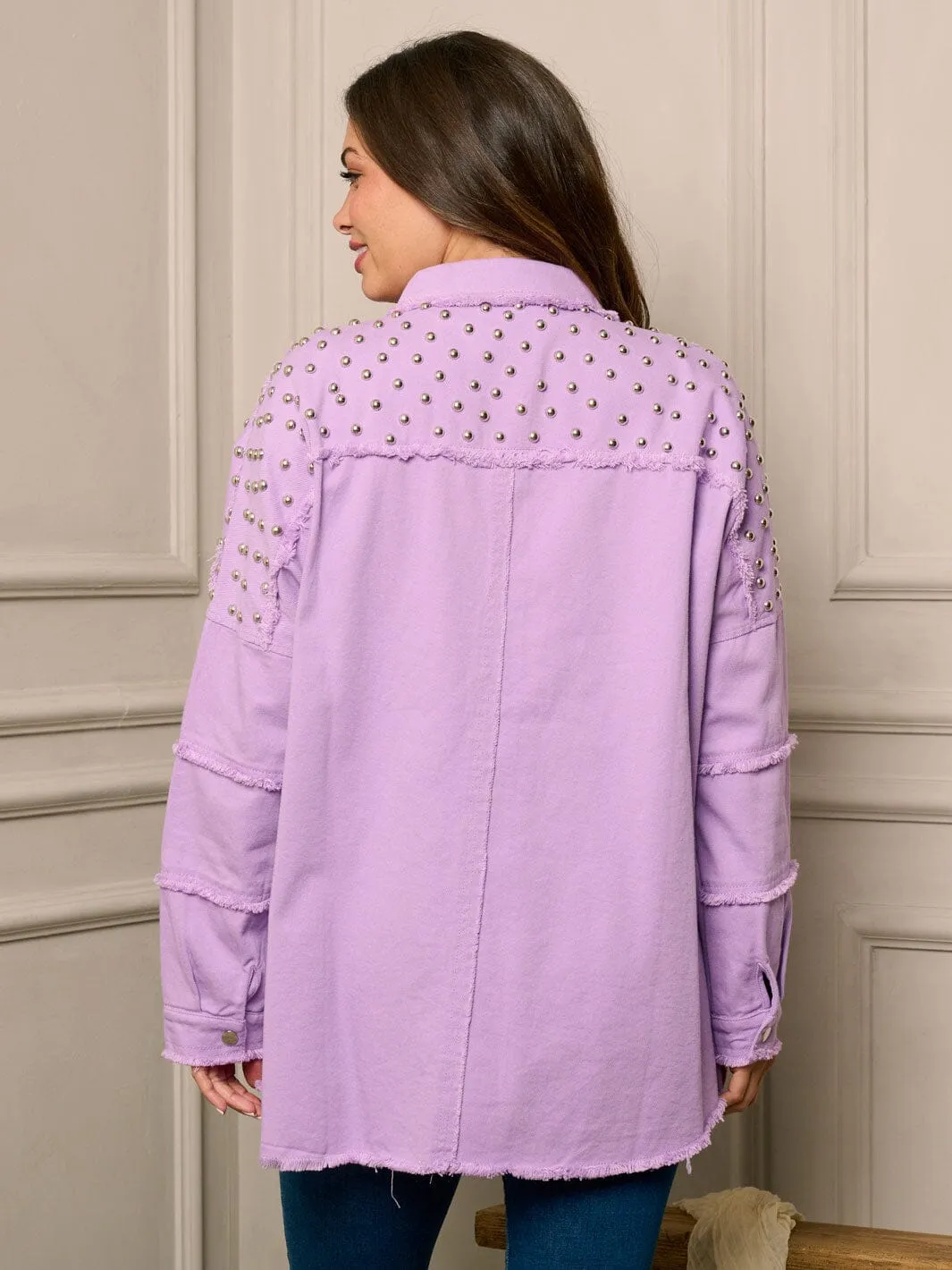 WOMEN'S LONG SLEEVE BUTTON CLOSURE STUDS DETAILED DENIM JACKET