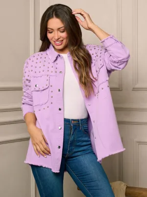 WOMEN'S LONG SLEEVE BUTTON CLOSURE STUDS DETAILED DENIM JACKET