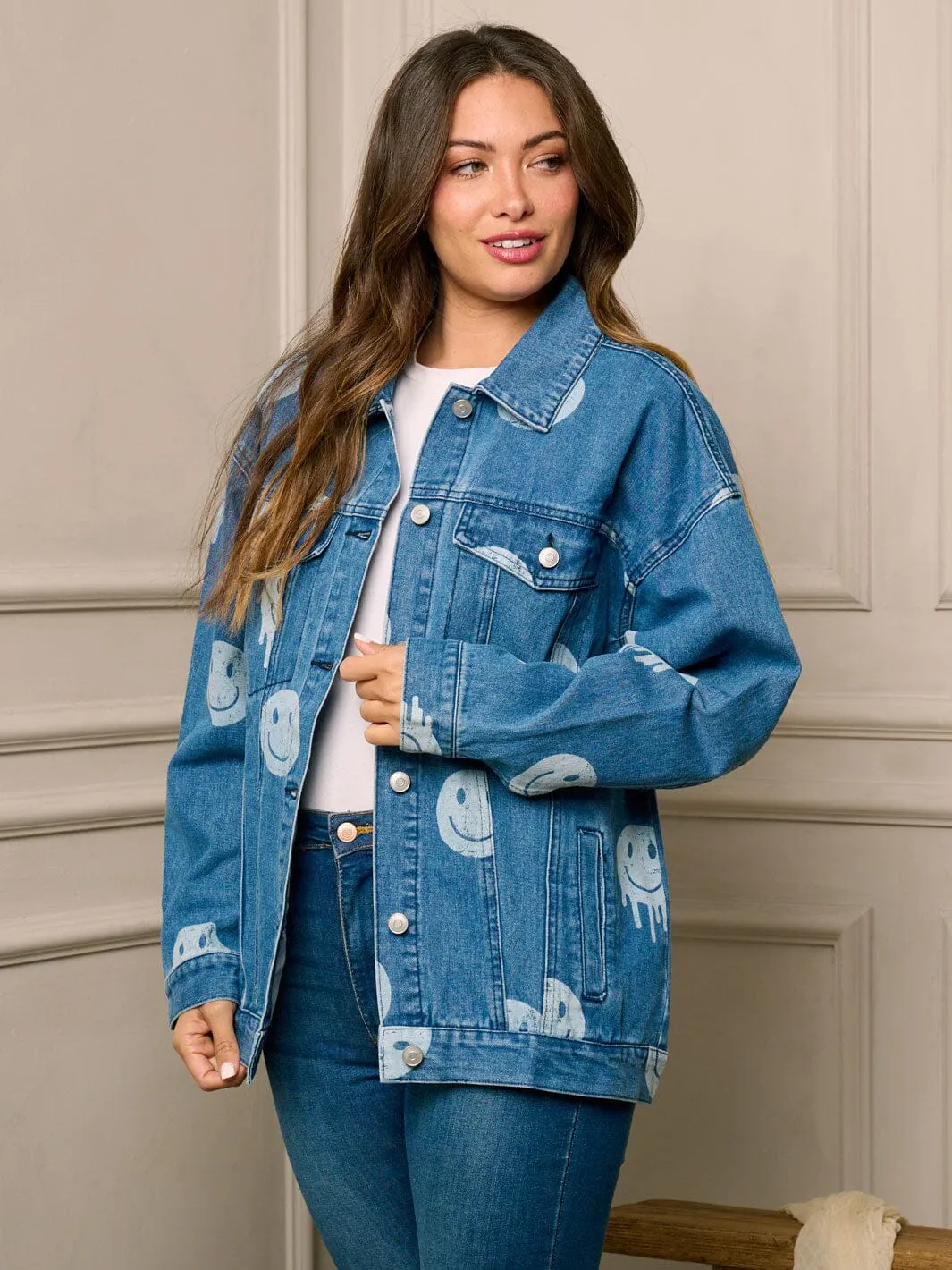 WOMEN'S LONG SLEEVE BUTTON UP GRAPHIC DENIM JACKET