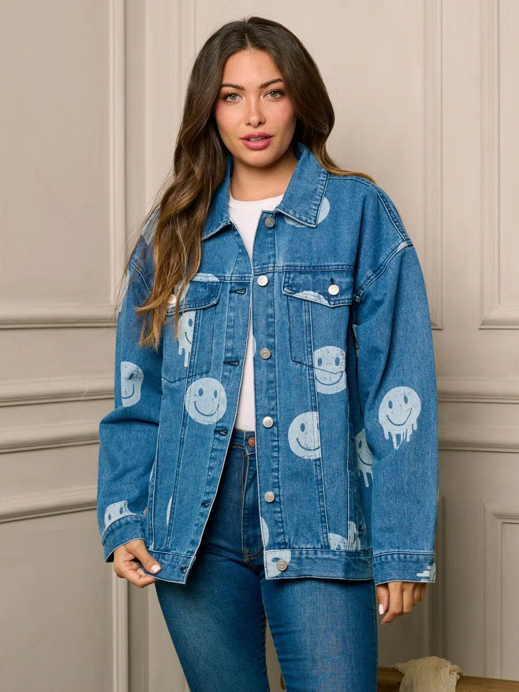 WOMEN'S LONG SLEEVE BUTTON UP GRAPHIC DENIM JACKET