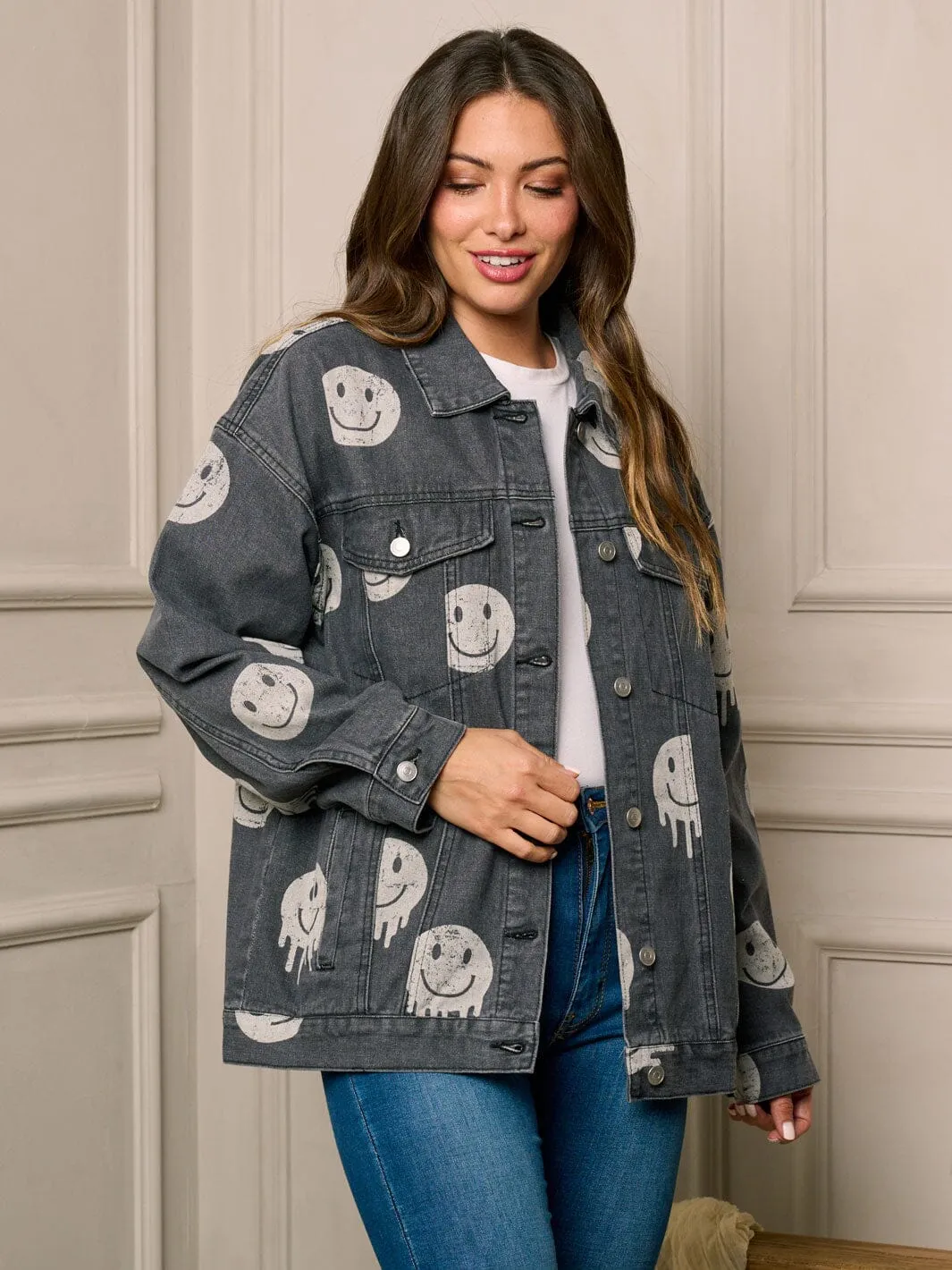 WOMEN'S LONG SLEEVE BUTTON UP GRAPHIC DENIM JACKET