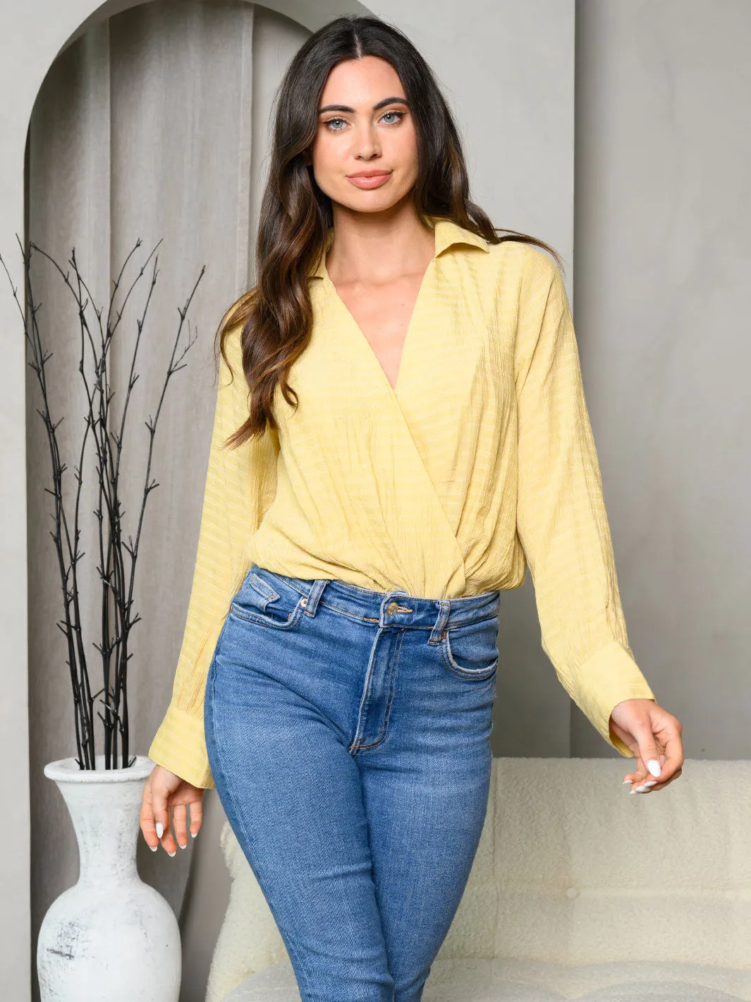 WOMEN'S LONG SLEEVE COLLAR SURPLICE BODYSUIT