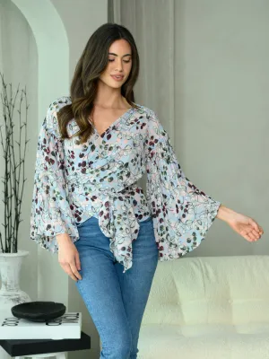 WOMEN'S LONG SLEEVE MULTI PRINT SURPLICE TOP