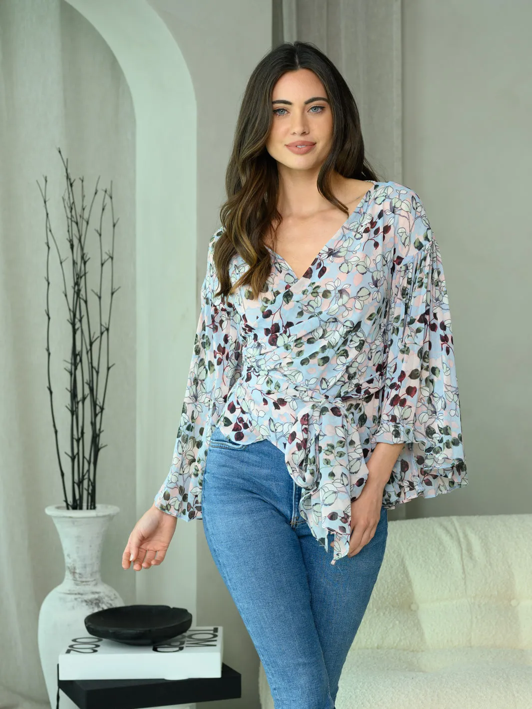 WOMEN'S LONG SLEEVE MULTI PRINT SURPLICE TOP