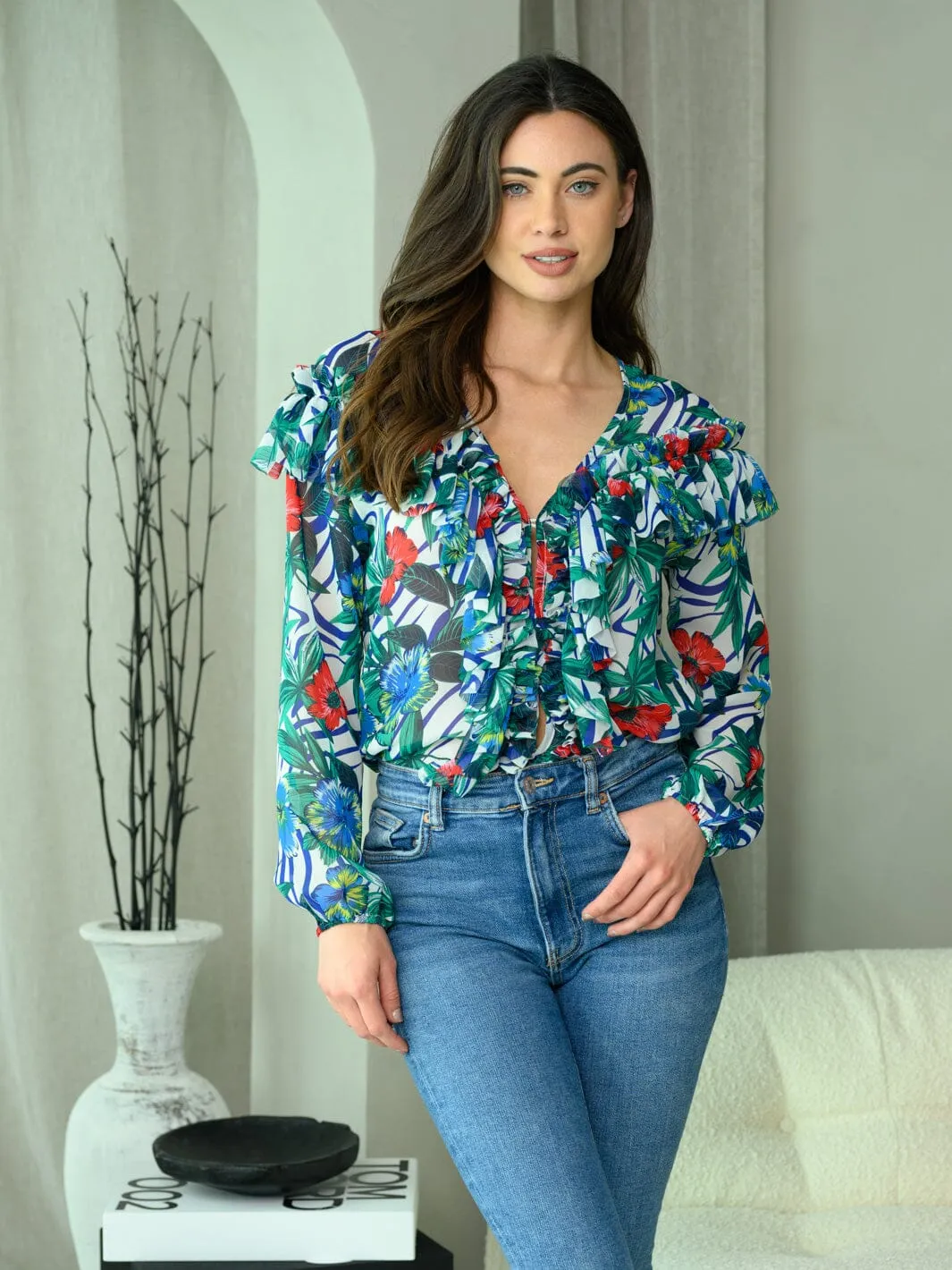 WOMEN'S LONG SLEEVE RUFFLE FLORAL SURPLICE BODYSUIT