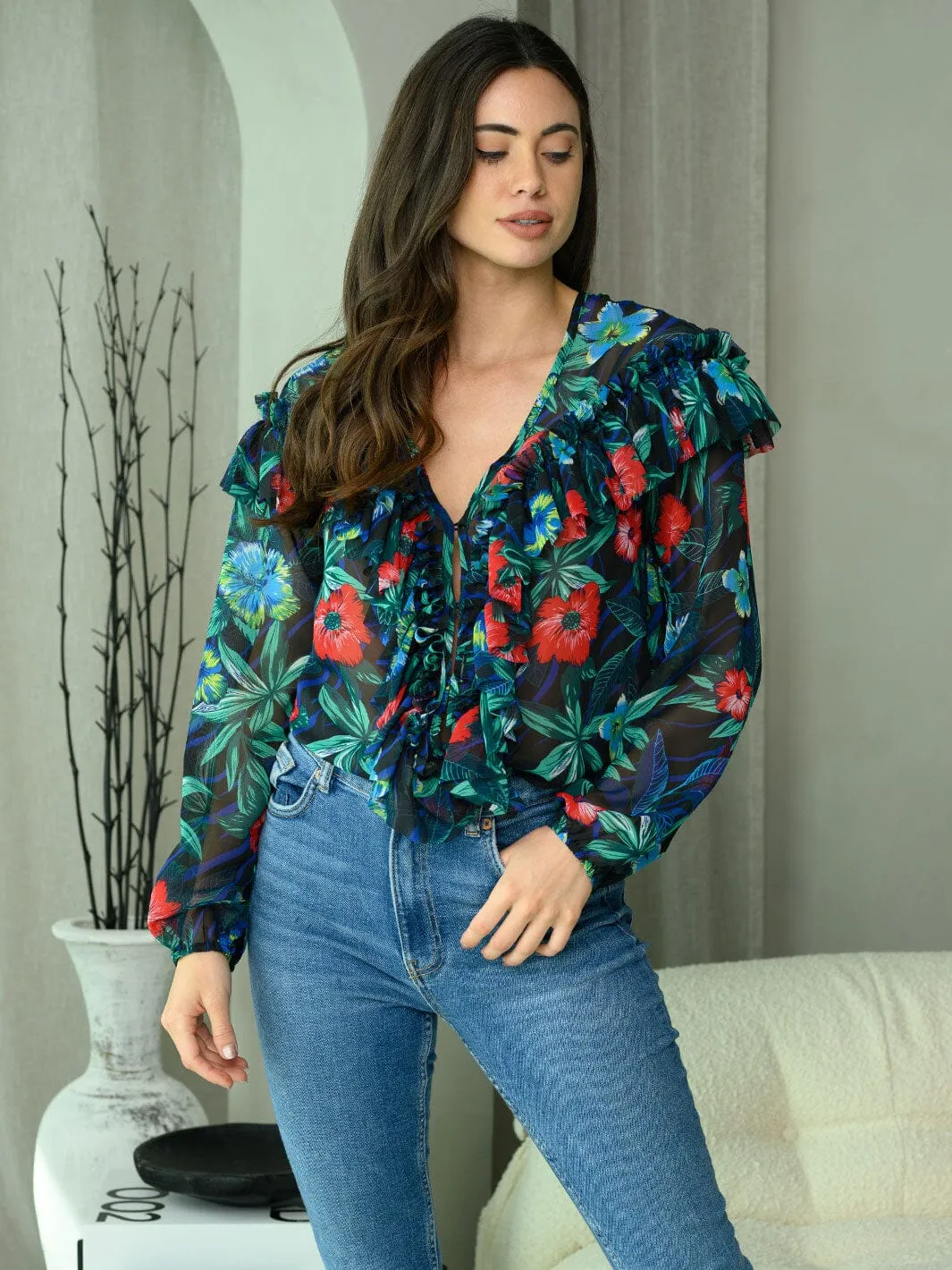 WOMEN'S LONG SLEEVE RUFFLE FLORAL SURPLICE BODYSUIT