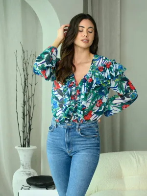 WOMEN'S LONG SLEEVE RUFFLE FLORAL SURPLICE BODYSUIT