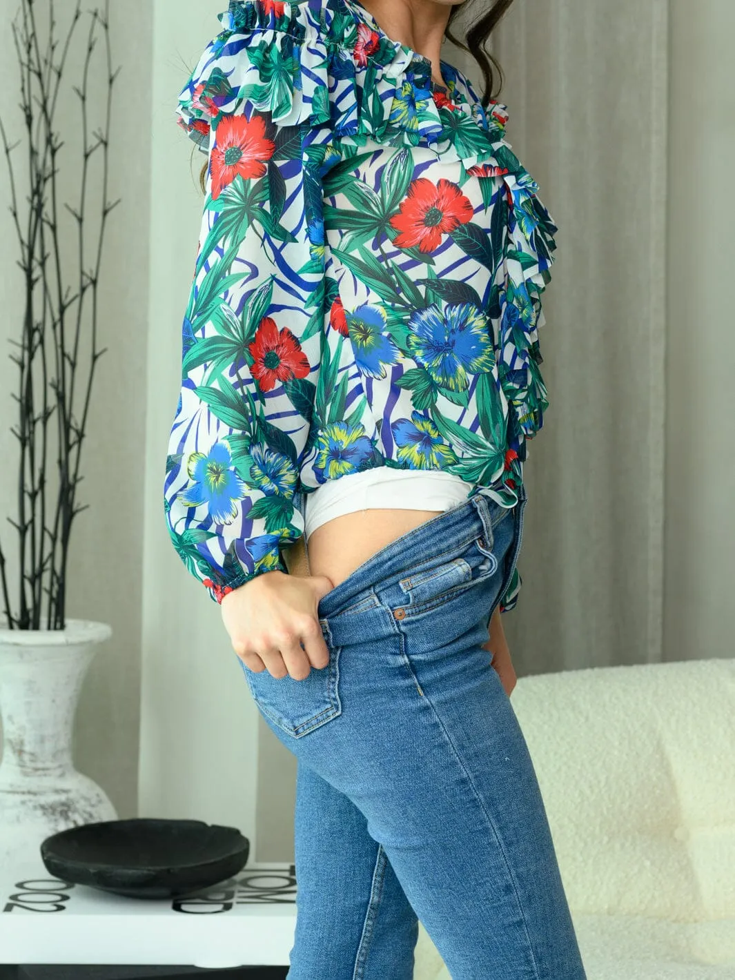 WOMEN'S LONG SLEEVE RUFFLE FLORAL SURPLICE BODYSUIT