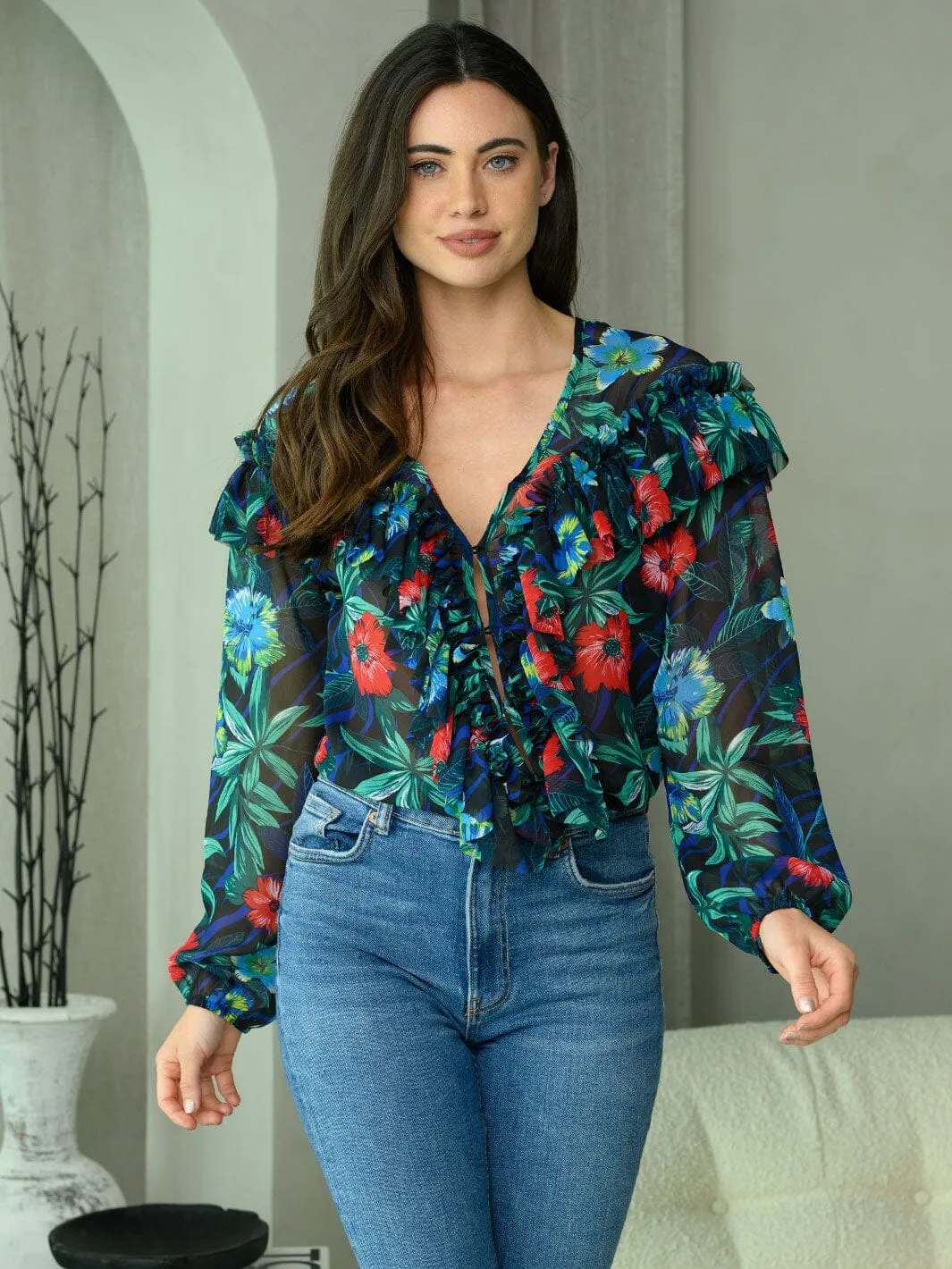 WOMEN'S LONG SLEEVE RUFFLE FLORAL SURPLICE BODYSUIT