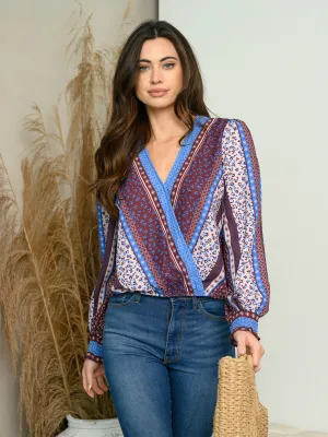 WOMEN'S LONG SLEEVE SURPLICE MULTI PRINT TOP