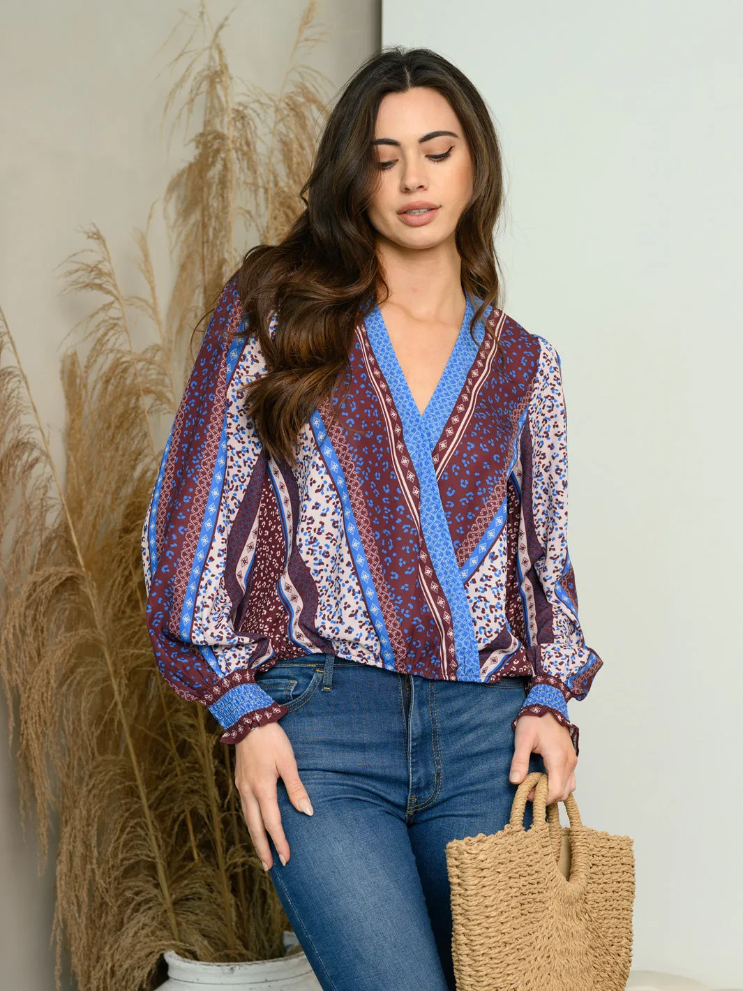 WOMEN'S LONG SLEEVE SURPLICE MULTI PRINT TOP
