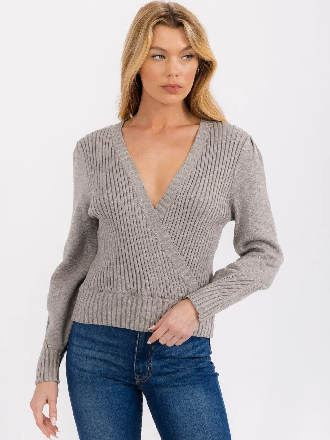 WOMEN'S LONG SLEEVE SURPLICE RIBBED BLOUSE TOP