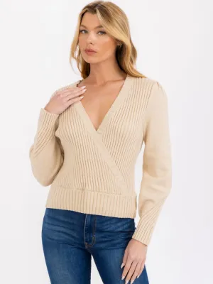 WOMEN'S LONG SLEEVE SURPLICE RIBBED BLOUSE TOP