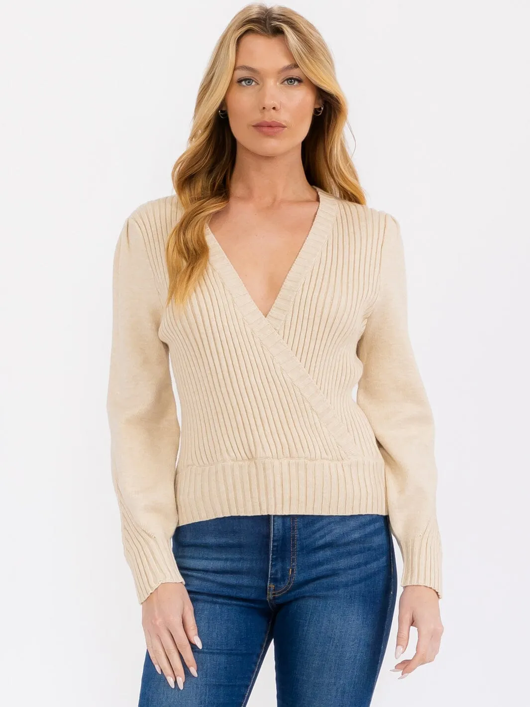 WOMEN'S LONG SLEEVE SURPLICE RIBBED BLOUSE TOP