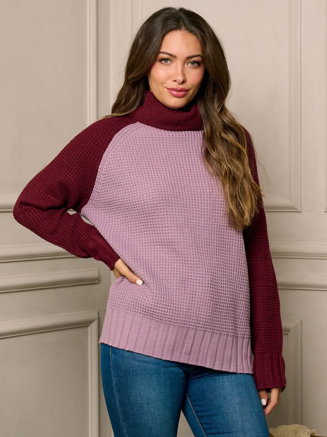 WOMEN'S LONG SLEEVE TURTLE NECK PULLOVER BACK SURPLICE SWEATER