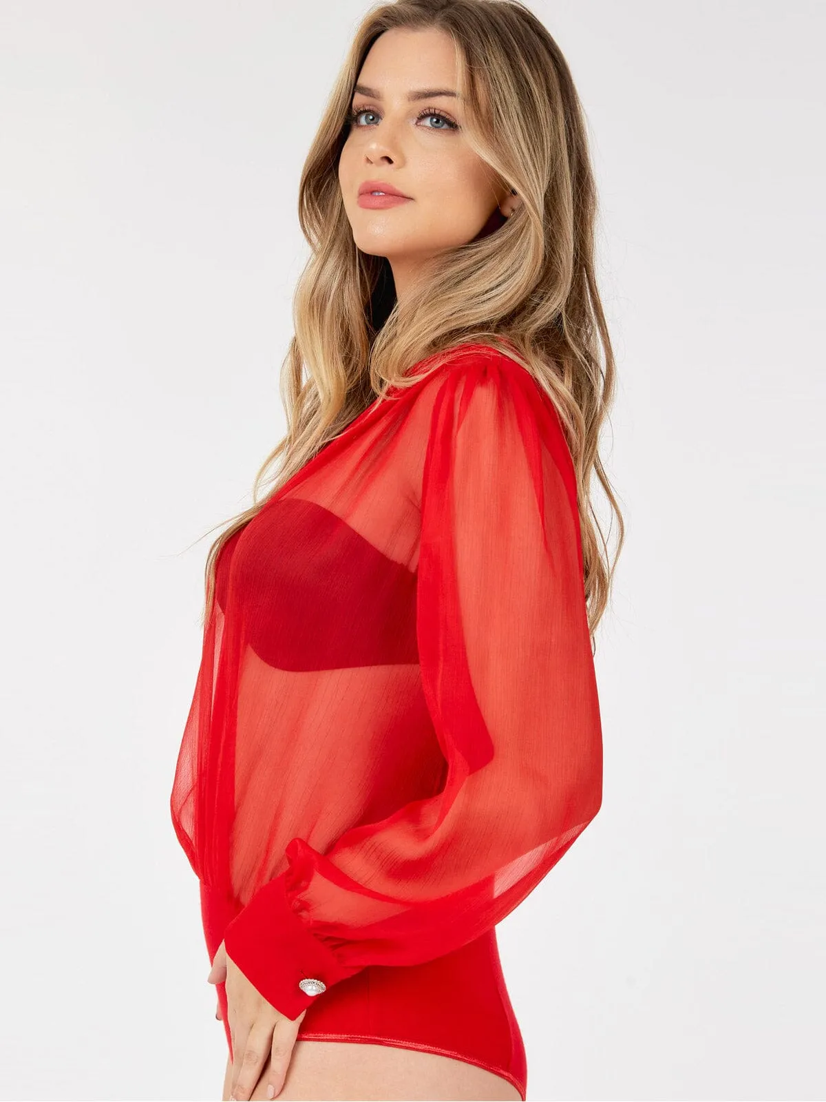 WOMEN'S LONG SLEEVE V-NECK SURPLICE MESH BODYSUIT