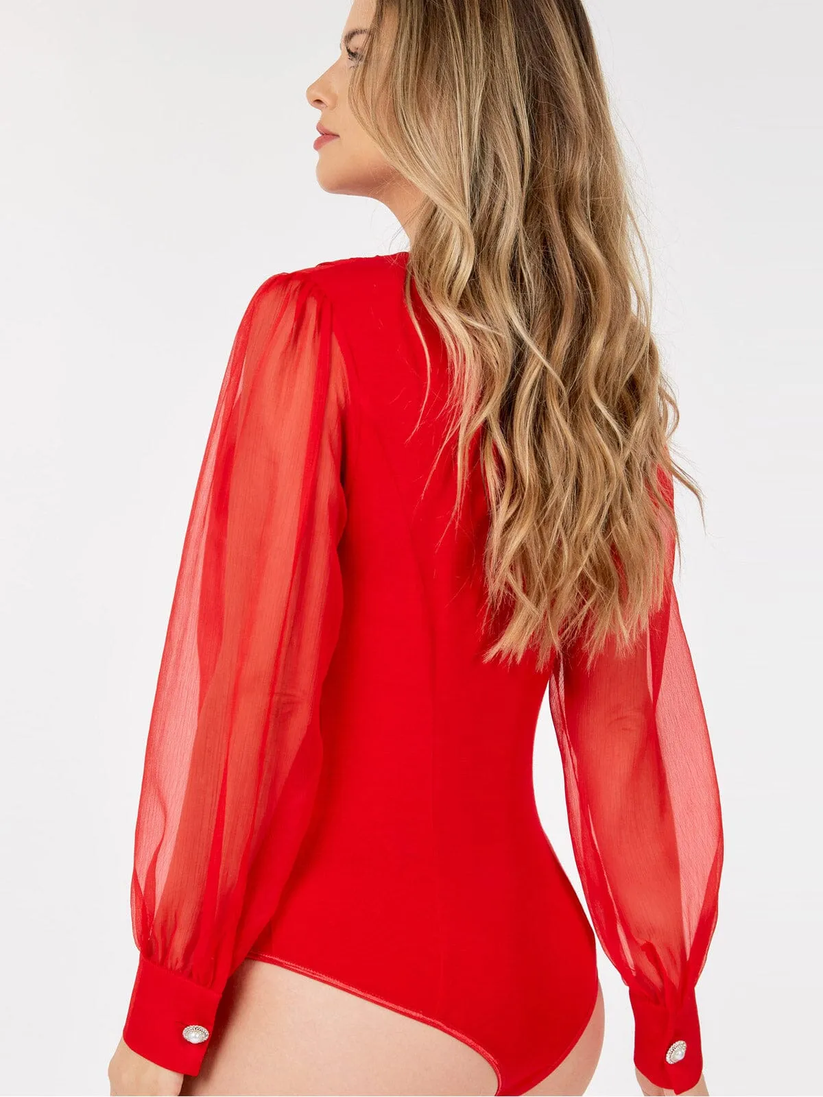 WOMEN'S LONG SLEEVE V-NECK SURPLICE MESH BODYSUIT