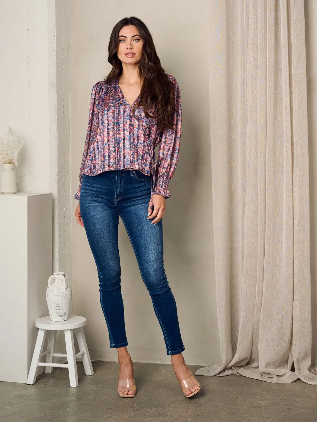 WOMEN'S LONG SLEEVE WRAP SELF TIE FLORAL BLOUSE TOP