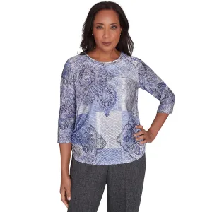 Women's Medallion Patchwork Beaded Crew Neck Top - 72451
