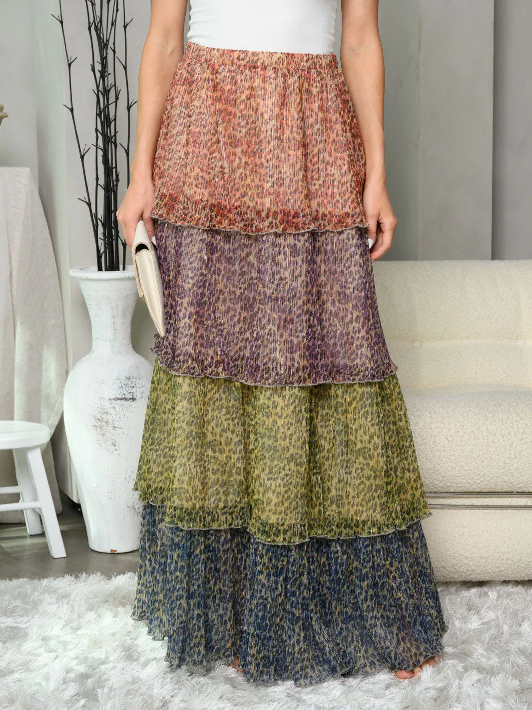 WOMEN'S MULTI COLORS ANIMAL PRINT TIERED MAXI SKIRT