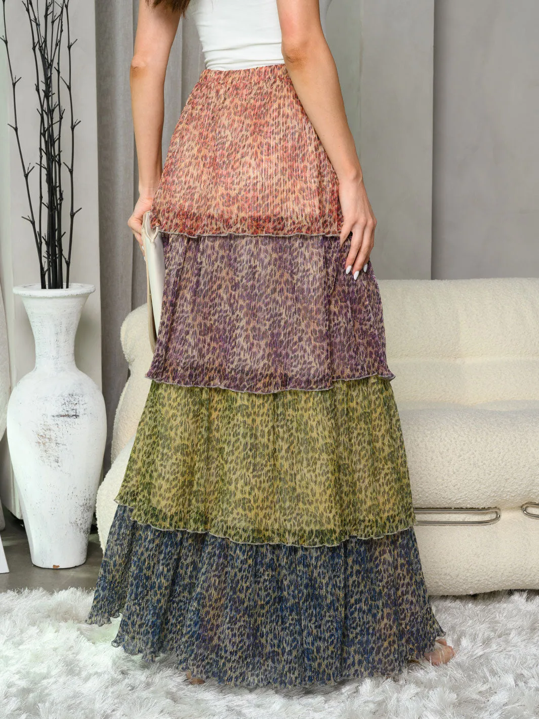 WOMEN'S MULTI COLORS ANIMAL PRINT TIERED MAXI SKIRT