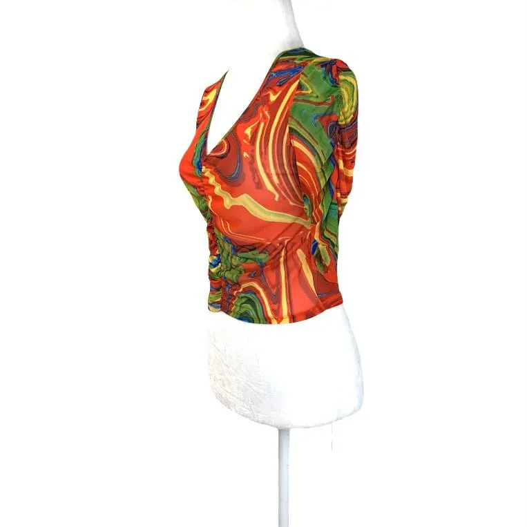 Women's Ruched Front Puff Sleeve V-Neck Crop Top