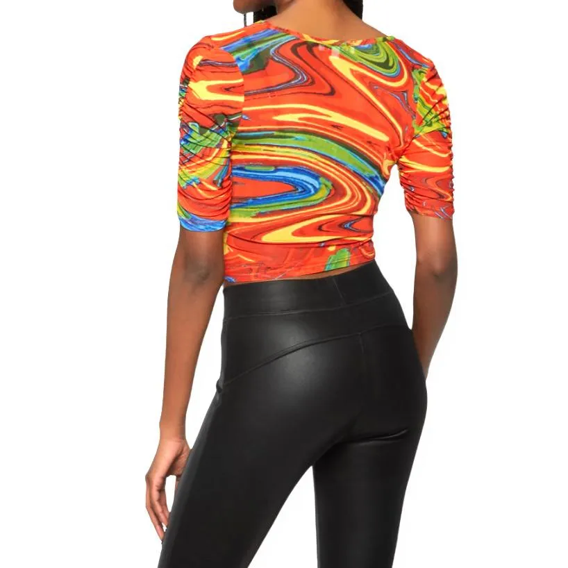 Women's Ruched Front Puff Sleeve V-Neck Crop Top
