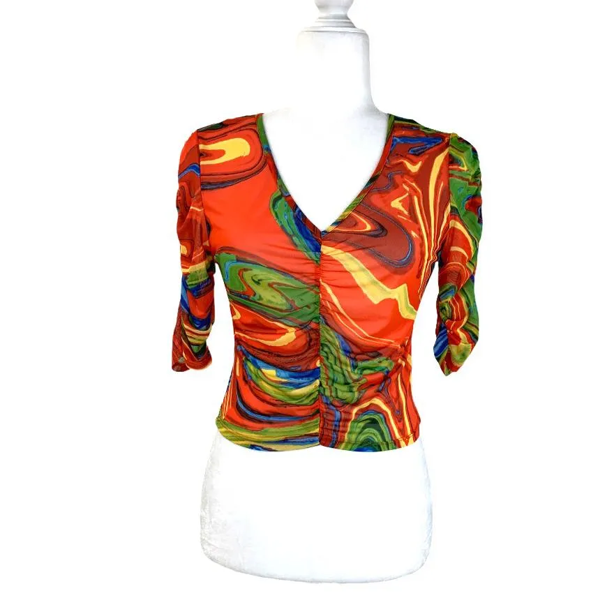Women's Ruched Front Puff Sleeve V-Neck Crop Top