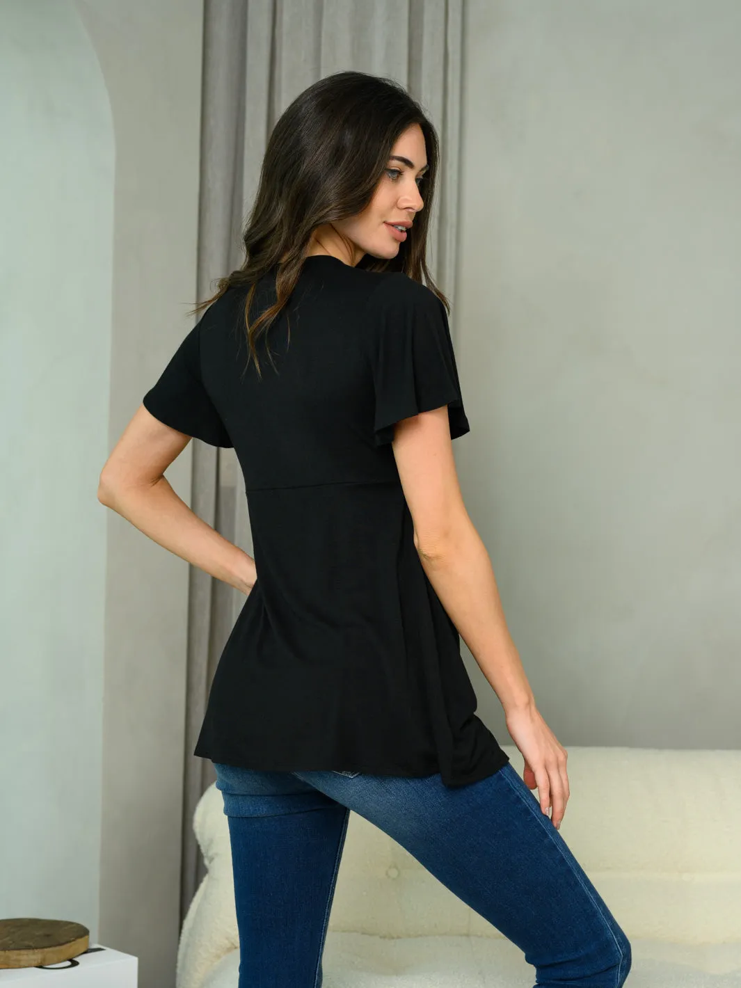 WOMEN'S SHORT SLEEVE SURPLICE BUTTONS DETAILED TOP
