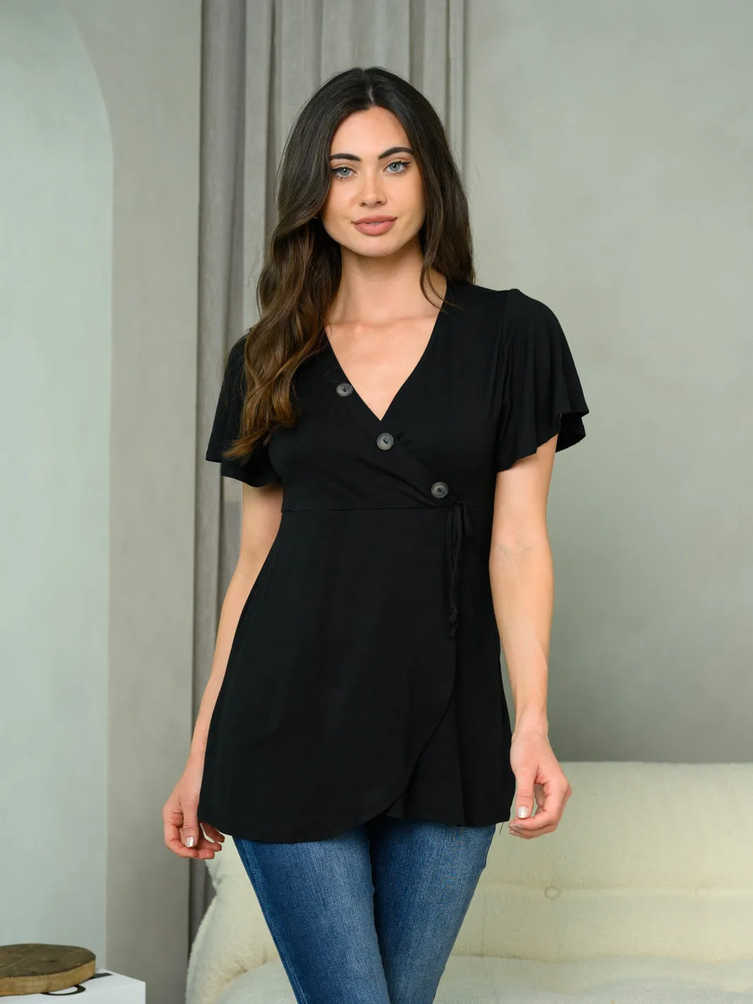 WOMEN'S SHORT SLEEVE SURPLICE BUTTONS DETAILED TOP