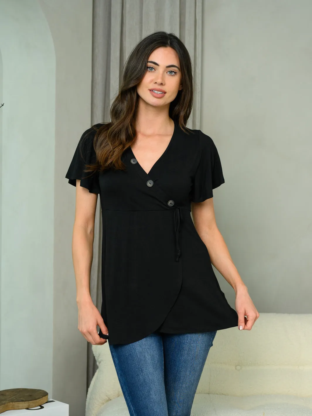 WOMEN'S SHORT SLEEVE SURPLICE BUTTONS DETAILED TOP