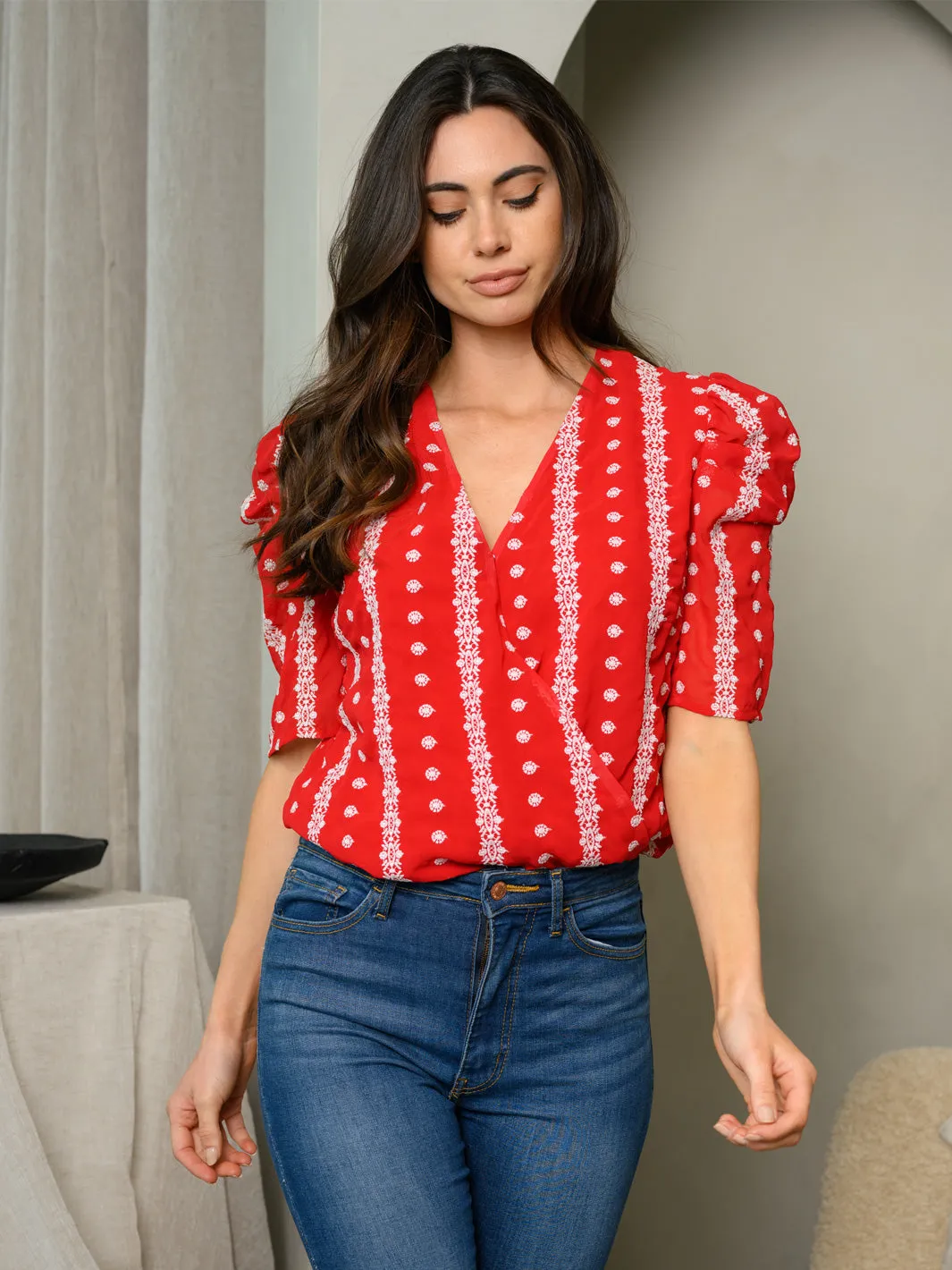 WOMEN'S SHORT SLEEVE SURPLICE EMBROIDERY BODYSUIT