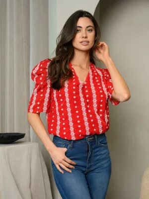 WOMEN'S SHORT SLEEVE SURPLICE EMBROIDERY BODYSUIT