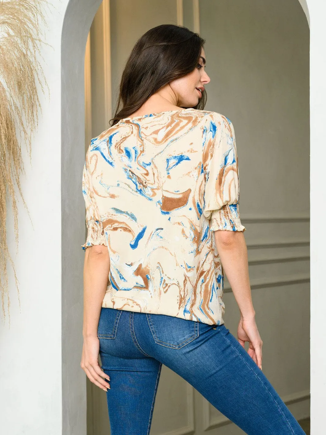 WOMEN'S SHORT SLEEVE SURPLICE PRINT TOP