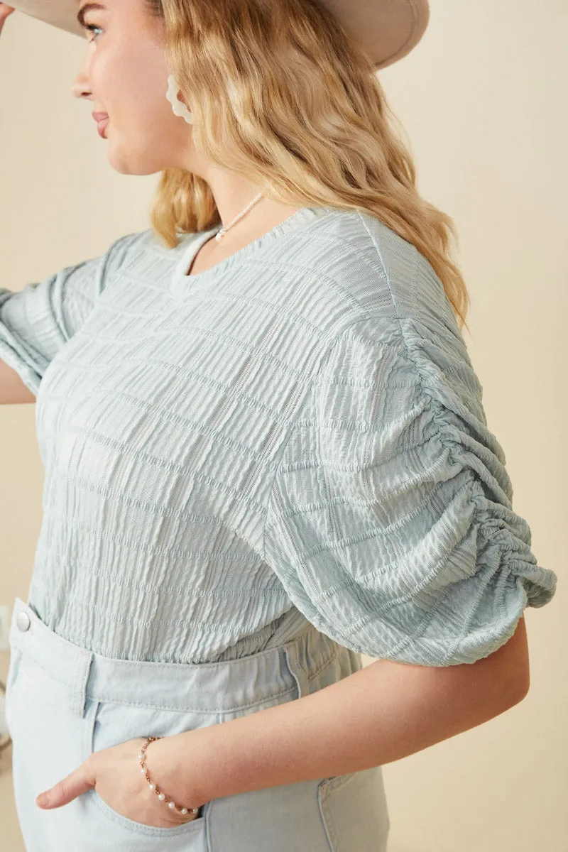 Womens Textured Gathered Sleeve Stretch Knit Top
