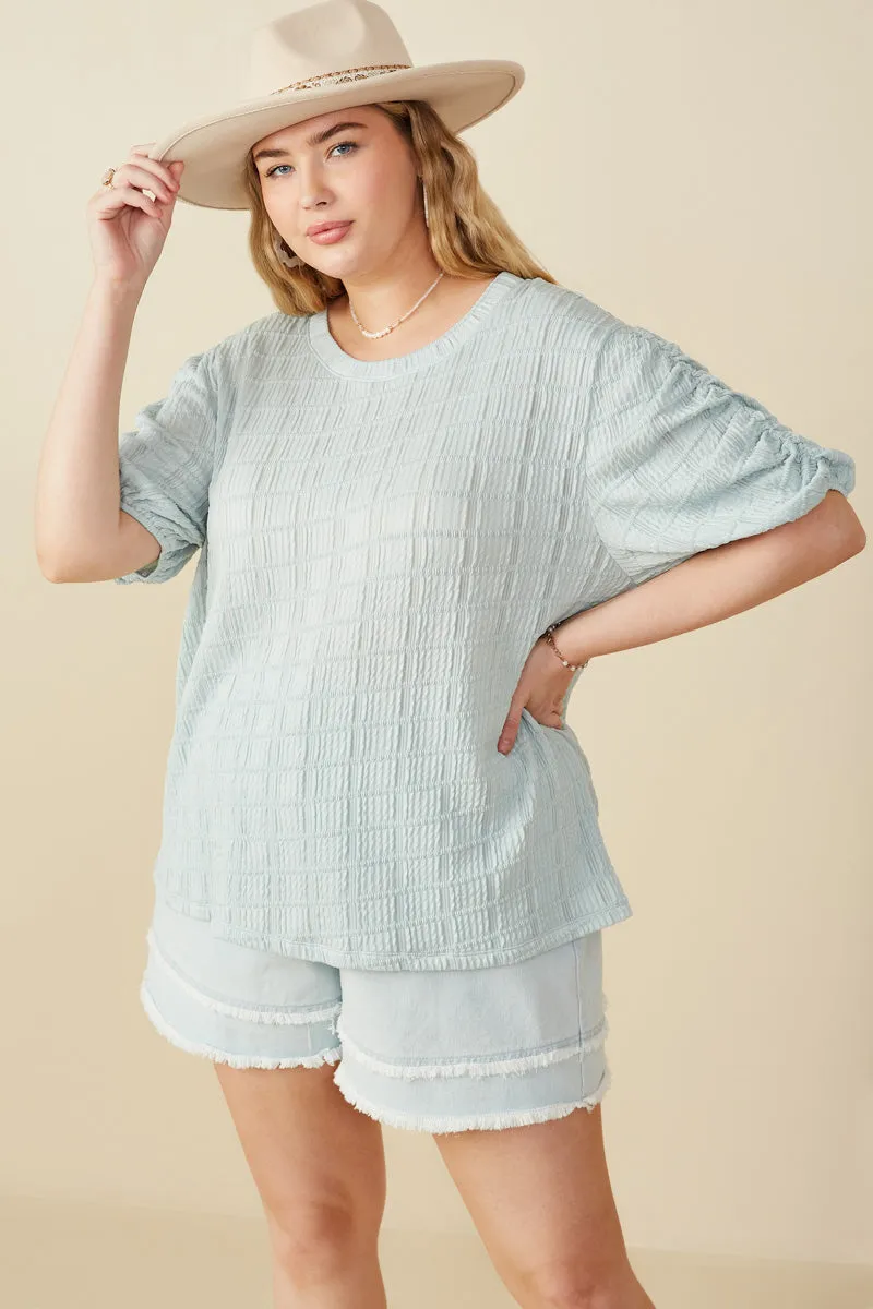 Womens Textured Gathered Sleeve Stretch Knit Top