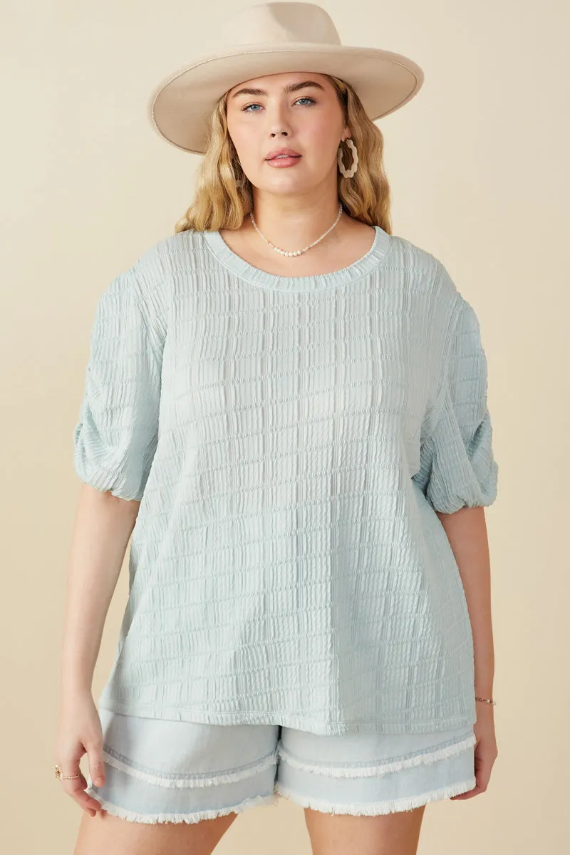Womens Textured Gathered Sleeve Stretch Knit Top