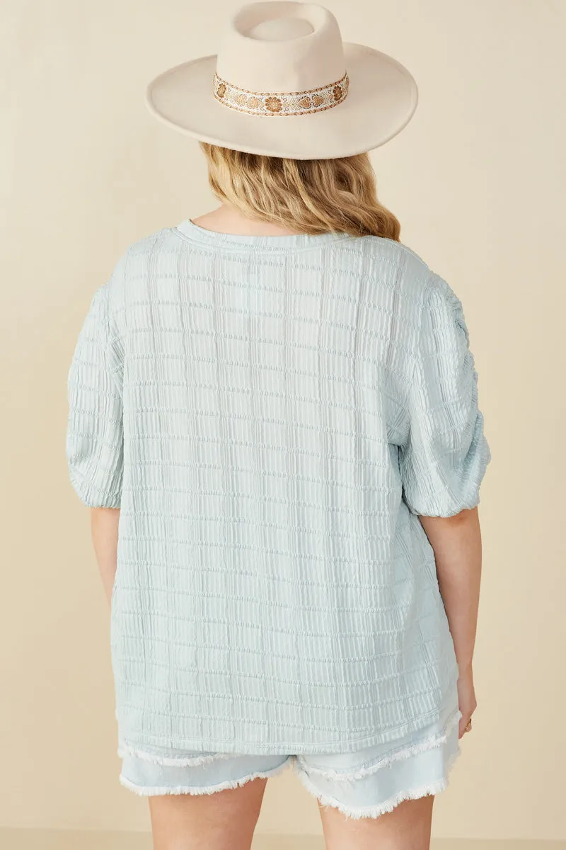 Womens Textured Gathered Sleeve Stretch Knit Top