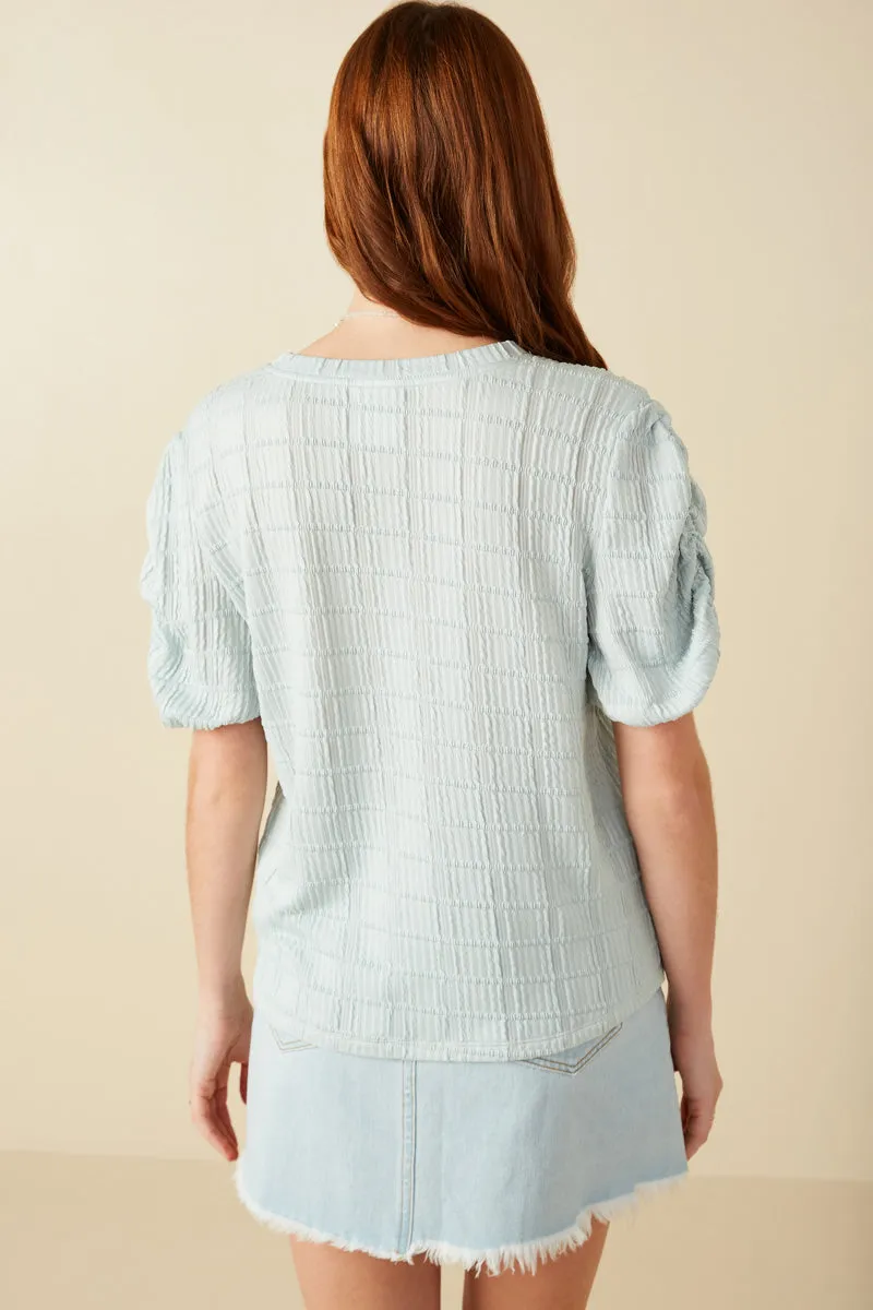 Womens Textured Gathered Sleeve Stretch Knit Top