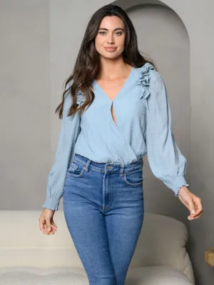 WOMEN'S V-NECK SURPLICE RUFFLE SHOULDER LONG SLEEVE BODYSUIT