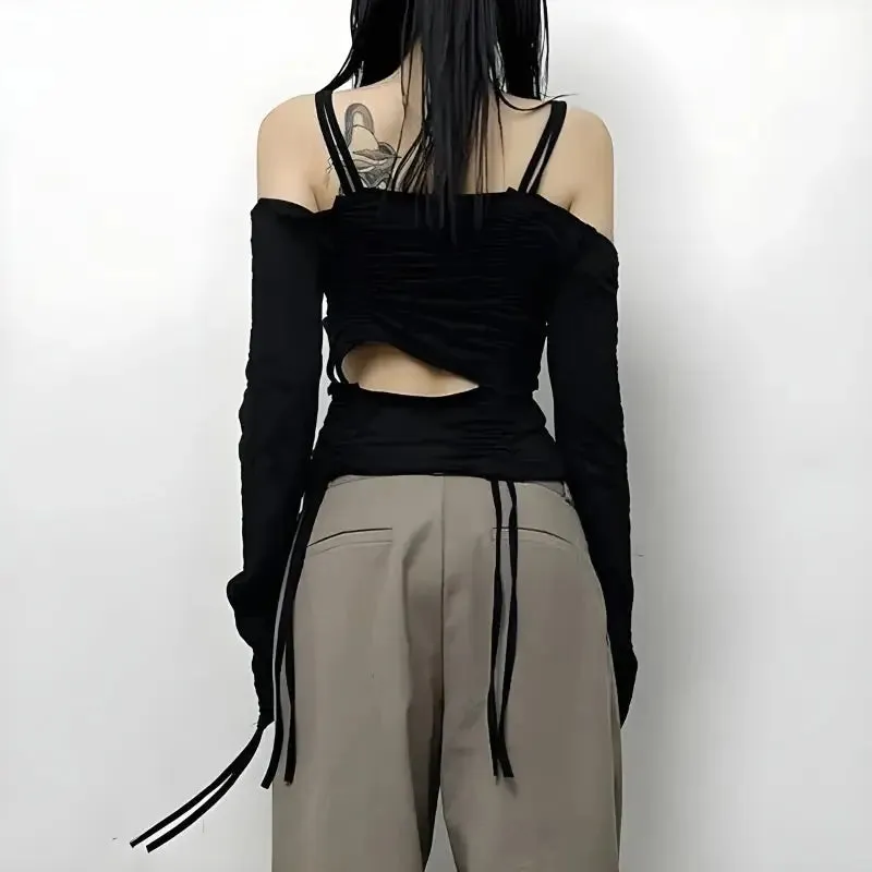 Y2K Long Sleeve Open Shoulder Top with Adjustable Ruched Design