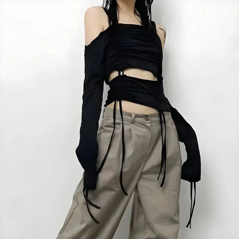 Y2K Long Sleeve Open Shoulder Top with Adjustable Ruched Design