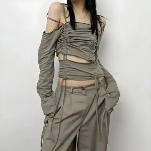 Y2K Long Sleeve Open Shoulder Top with Adjustable Ruched Design