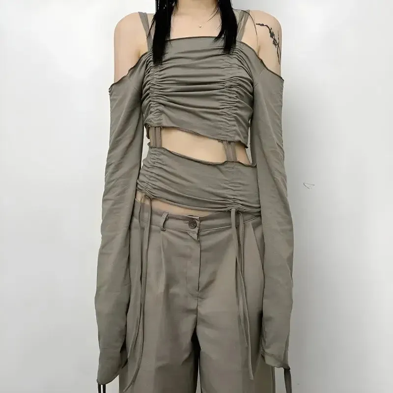 Y2K Long Sleeve Open Shoulder Top with Adjustable Ruched Design